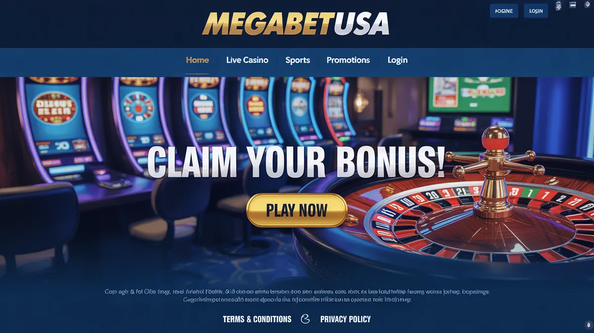 เว็บไซต์ MegaBetUSA หน้าแรกแสดงโลโก้และเมนูหลัก